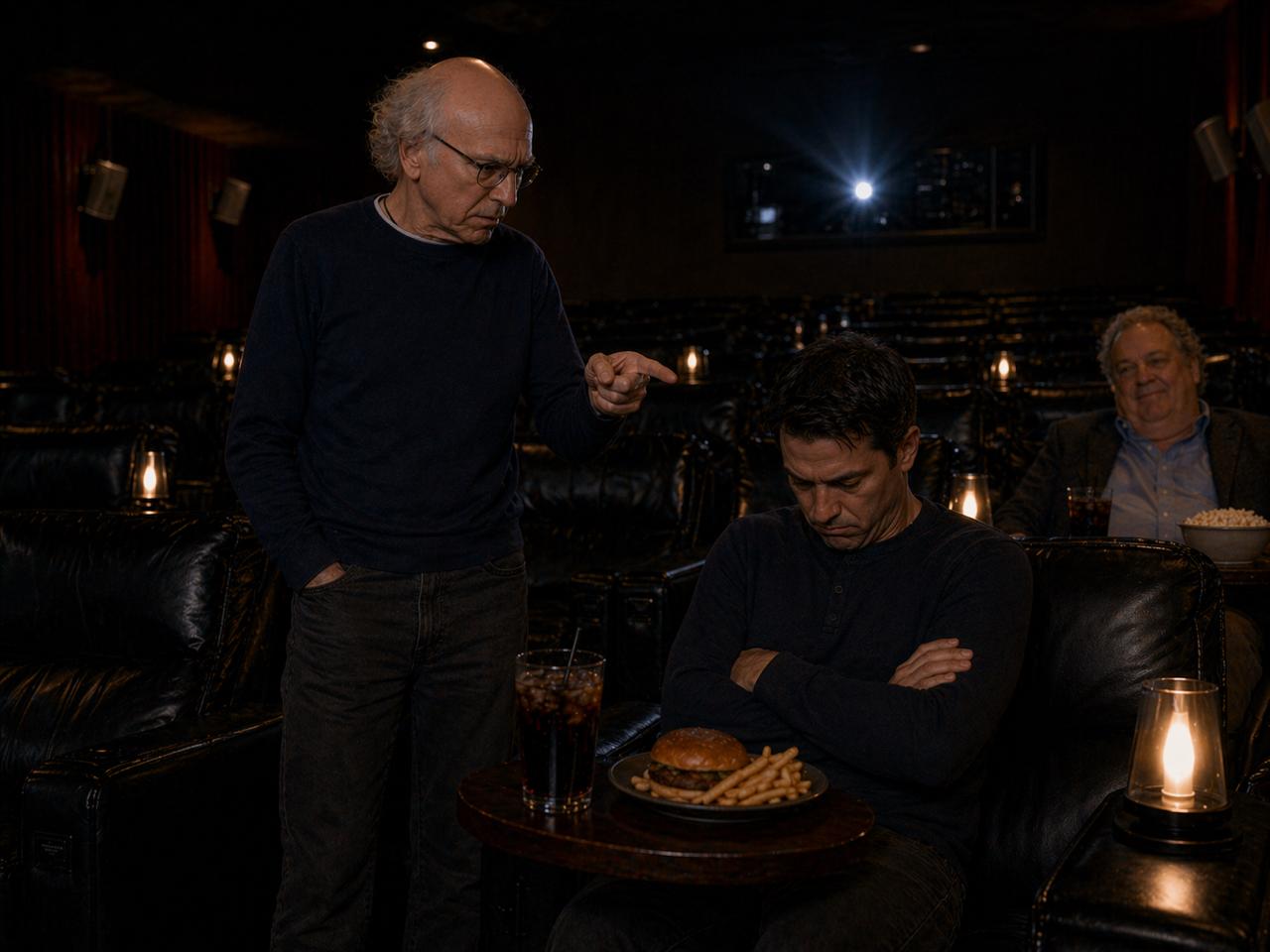 Frame 2 — The approach. Larry leans in.